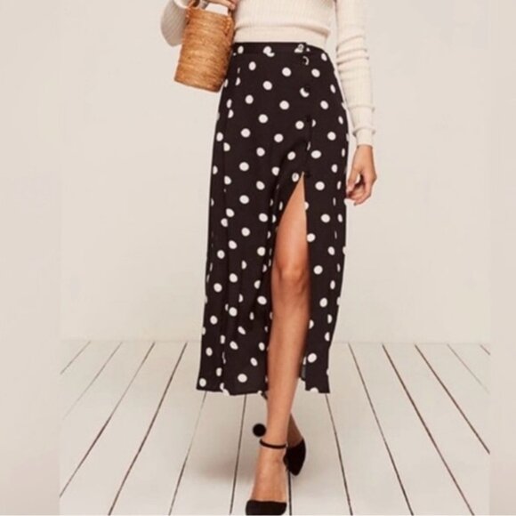 Reformation Veronica Polka dot black midi skirt size 4 - Picture 1 of 9